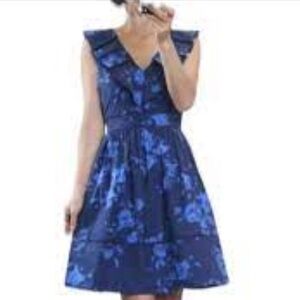 Kate Spade Blue and Black ruffle  V neck Hibiscus  print Midi Dress size 4 GC